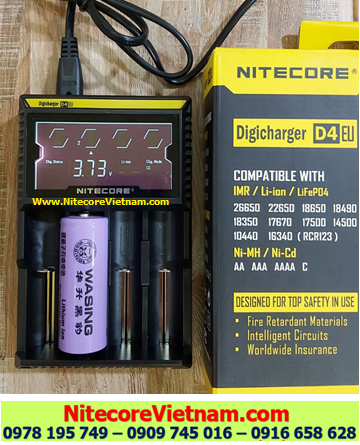 Nitecore D4 (Bộ sạc Nitecore D4 kèm sẳn 01 pin SẠC 18650 WASING 26650 5000mAh đầu lồi lithium 3.7v) chính hãng